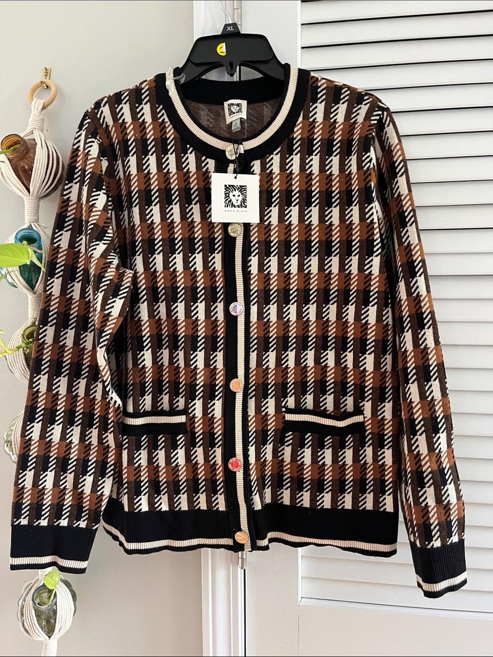 Anne Klein Brown Black Cream Checked Knit Blazer